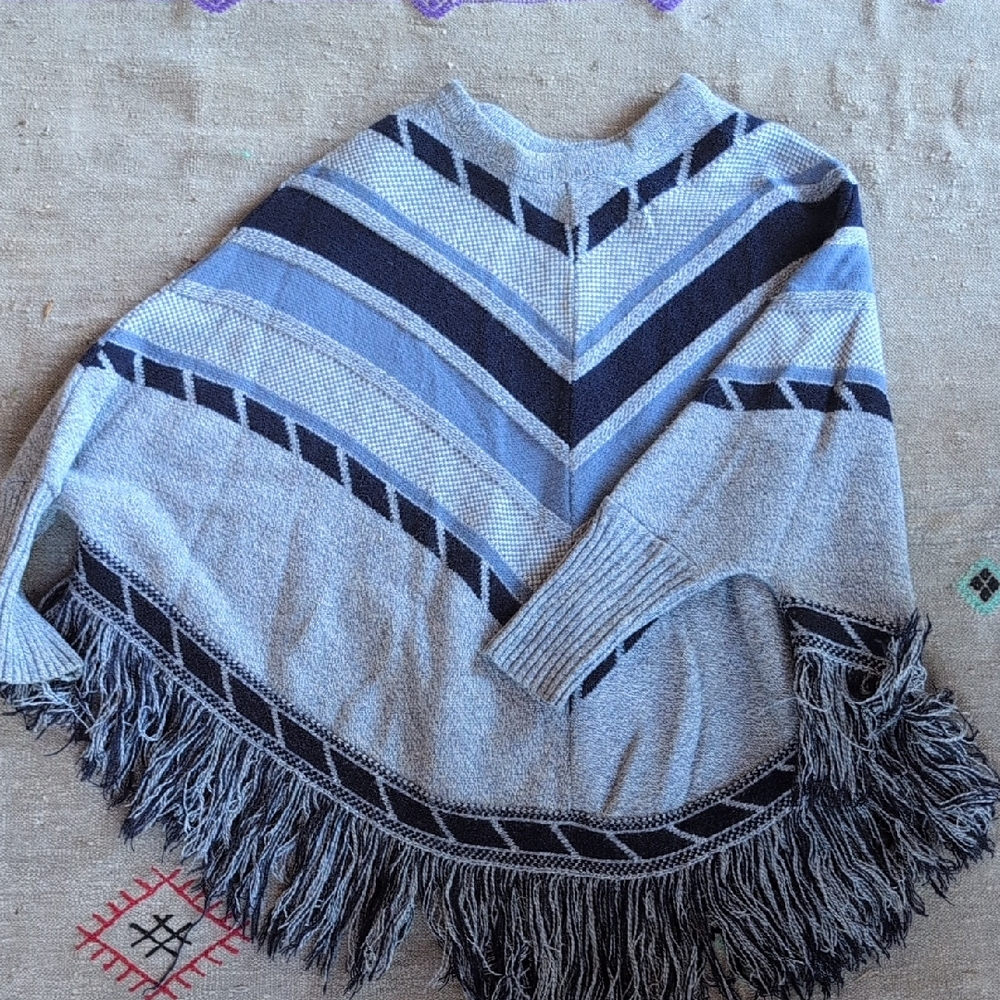ASOS Gray and Navy Chevron Poncho with Fringe